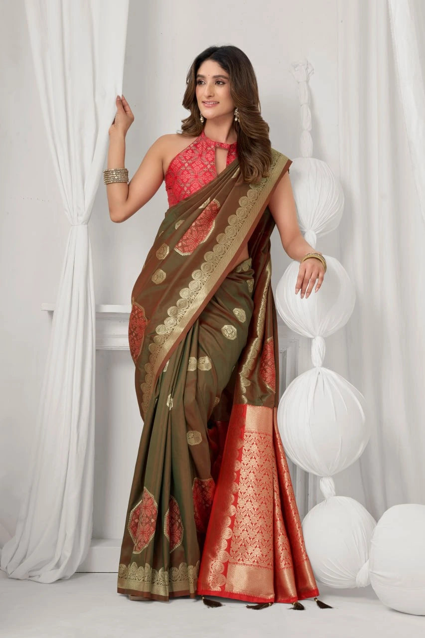 Woman wearing a traditional saree with a red blouse against a white curtain background